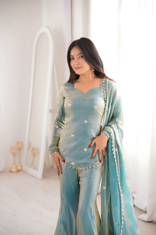 Elegant Sky Blue Fendy Silk Embroidered Wedding Wear Palazzo Suit with Dupatta