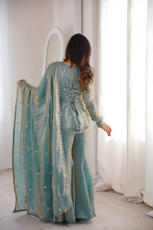 Elegant Sky Blue Fendy Silk Embroidered Wedding Wear Palazzo Suit with Dupatta