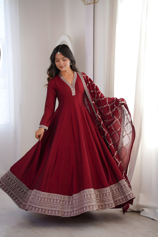 Elegant Maroon Vichitra Silk Embroidered Party Wear Anarkali Suit with Dupatta