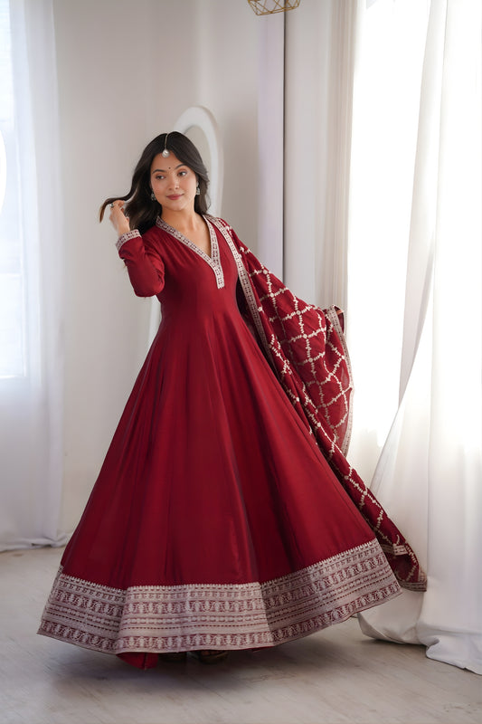 Elegant Maroon Vichitra Silk Embroidered Party Wear Anarkali Suit with Dupatta