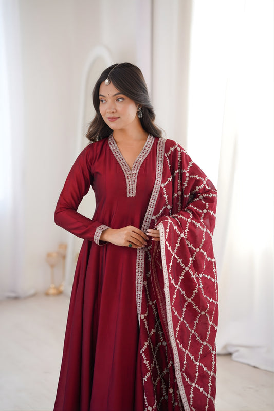 Elegant Maroon Vichitra Silk Embroidered Party Wear Anarkali Suit with Dupatta