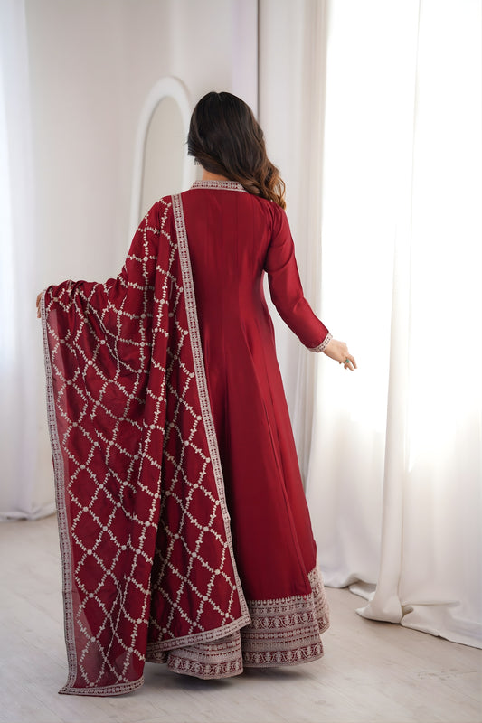 Elegant Maroon Vichitra Silk Embroidered Party Wear Anarkali Suit with Dupatta
