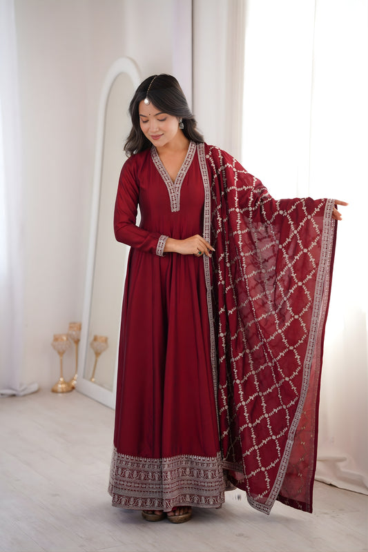 Elegant Maroon Vichitra Silk Embroidered Party Wear Anarkali Suit with Dupatta