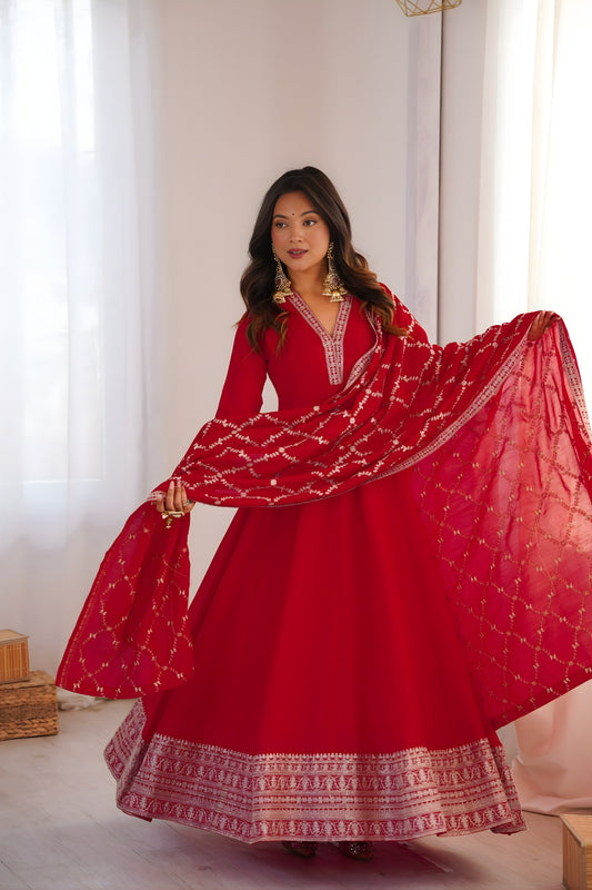 Beautiful Red Vichitra Silk Embroidered Party Wear Anarkali Suit with Dupatta