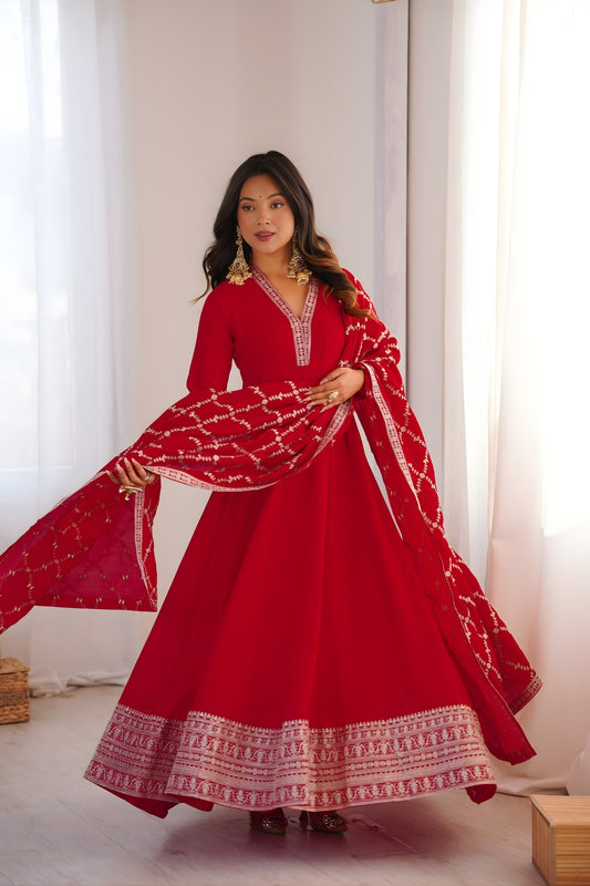 Beautiful Red Vichitra Silk Embroidered Party Wear Anarkali Suit with Dupatta