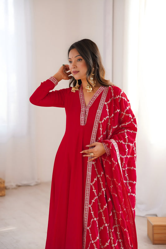 Beautiful Red Vichitra Silk Embroidered Party Wear Anarkali Suit with Dupatta