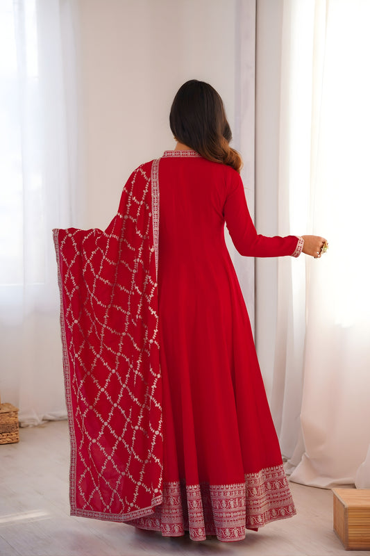 Beautiful Red Vichitra Silk Embroidered Party Wear Anarkali Suit with Dupatta
