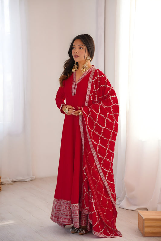 Beautiful Red Vichitra Silk Embroidered Party Wear Anarkali Suit with Dupatta