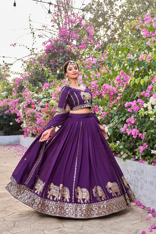 Royal Purple Vichitra Silk Embroidered Wedding Lehenga Choli with Dupatta