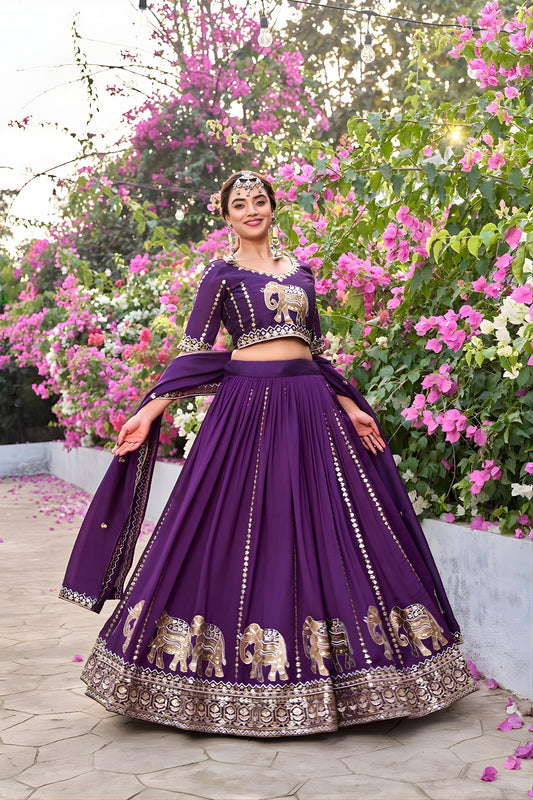Royal Purple Vichitra Silk Embroidered Wedding Lehenga Choli with Dupatta