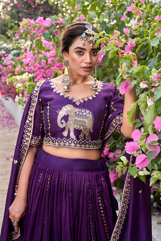 Royal Purple Vichitra Silk Embroidered Wedding Lehenga Choli with Dupatta