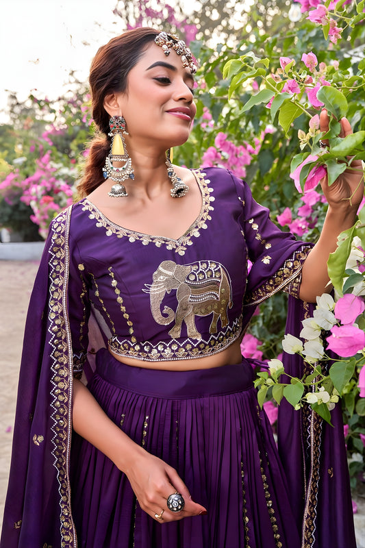 Royal Purple Vichitra Silk Embroidered Wedding Lehenga Choli with Dupatta