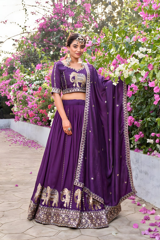 Royal Purple Vichitra Silk Embroidered Wedding Lehenga Choli with Dupatta