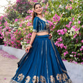 Elegant Teal Blue Vichitra Silk Embroidered Wedding Lehenga Choli with Dupatta