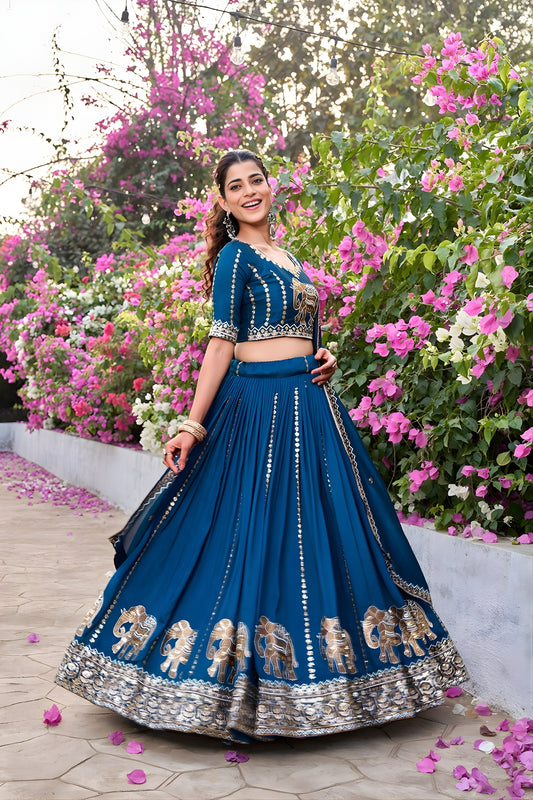 Elegant Teal Blue Vichitra Silk Embroidered Wedding Lehenga Choli with Dupatta