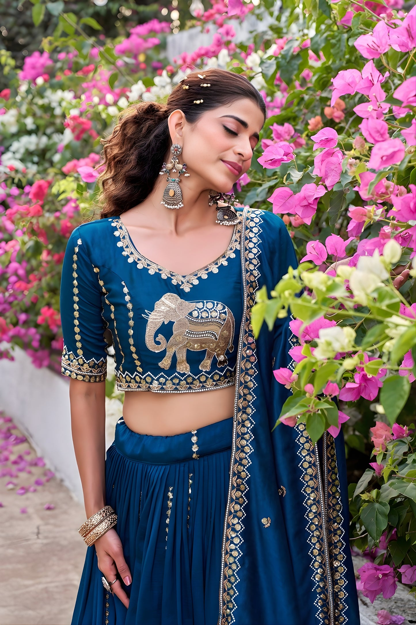 Elegant Teal Blue Vichitra Silk Embroidered Wedding Lehenga Choli with Dupatta