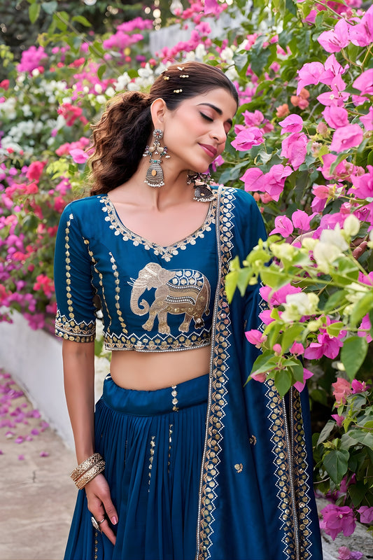 Elegant Teal Blue Vichitra Silk Embroidered Wedding Lehenga Choli with Dupatta
