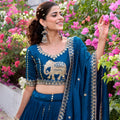 Elegant Teal Blue Vichitra Silk Embroidered Wedding Lehenga Choli with Dupatta