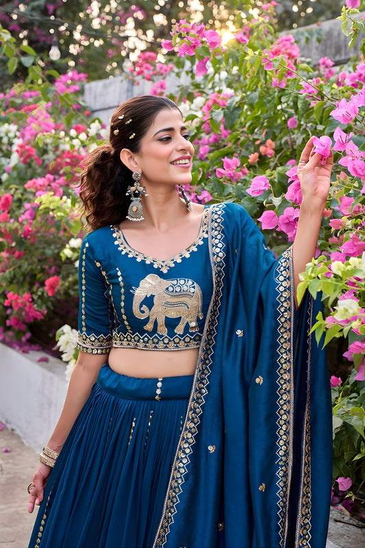 Elegant Teal Blue Vichitra Silk Embroidered Wedding Lehenga Choli with Dupatta