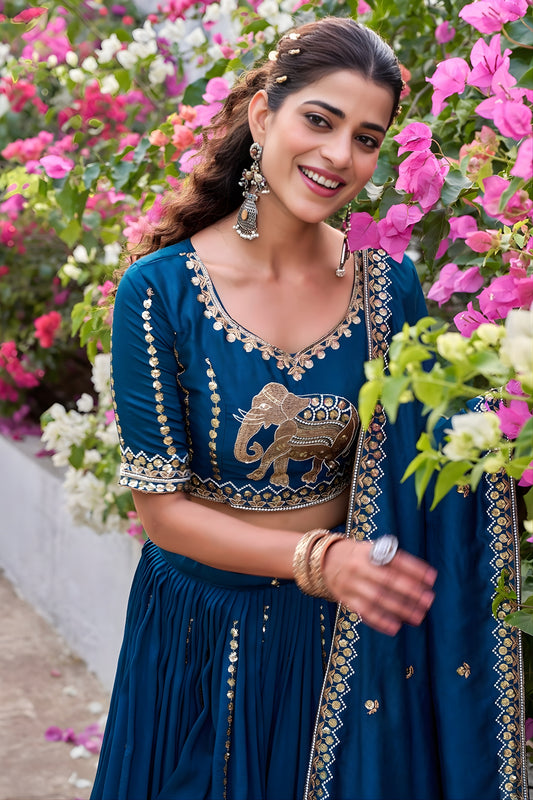 Elegant Teal Blue Vichitra Silk Embroidered Wedding Lehenga Choli with Dupatta