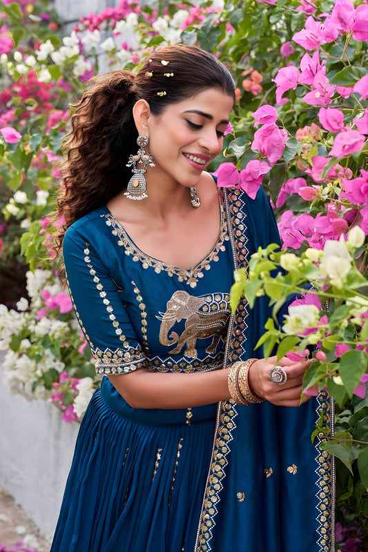 Elegant Teal Blue Vichitra Silk Embroidered Wedding Lehenga Choli with Dupatta