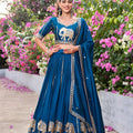Elegant Teal Blue Vichitra Silk Embroidered Wedding Lehenga Choli with Dupatta