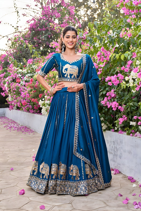 Elegant Teal Blue Vichitra Silk Embroidered Wedding Lehenga Choli with Dupatta