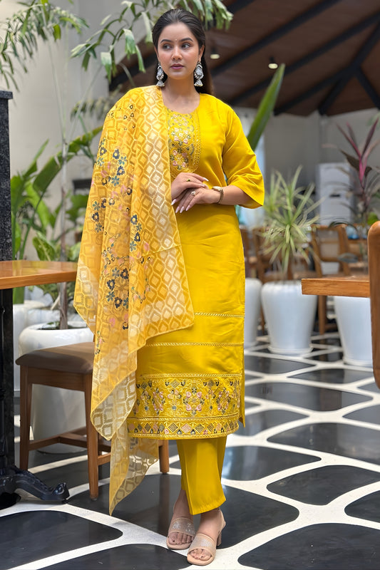 Elegant Mustard Yellow Silk Blend Embroidered Straight Cut Salwar Suit with Dupatta