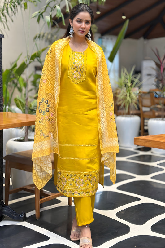 Elegant Mustard Yellow Silk Blend Embroidered Straight Cut Salwar Suit with Dupatta
