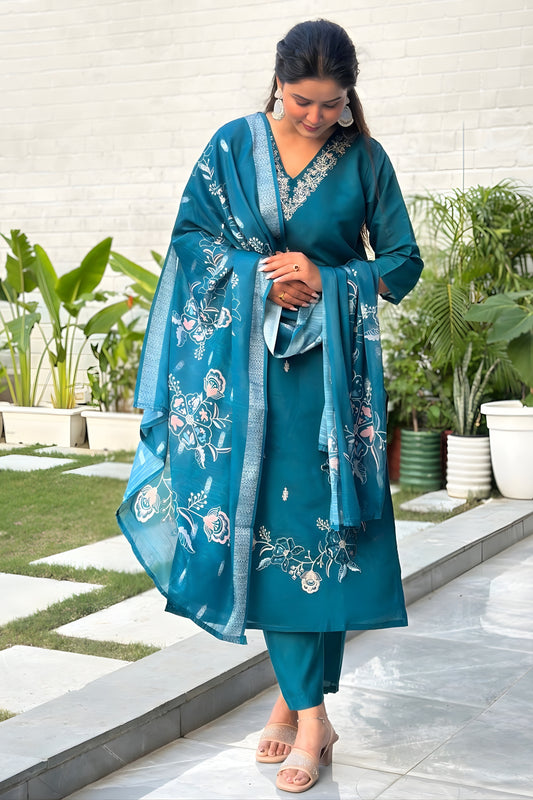 Superb Teal Green Silk Blend Embroidered Straight Cut Salwar Suit with Dupatta
