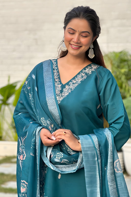 Superb Teal Green Silk Blend Embroidered Straight Cut Salwar Suit with Dupatta