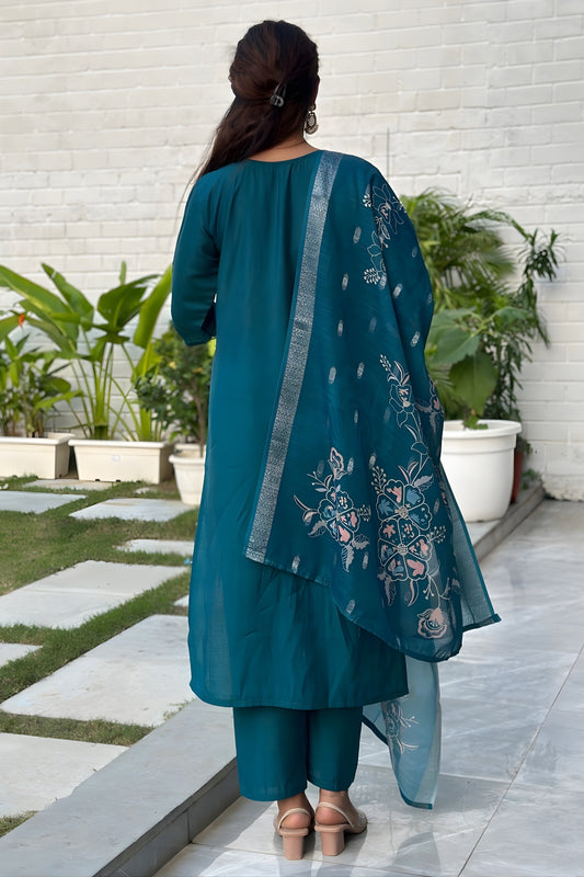 Superb Teal Green Silk Blend Embroidered Straight Cut Salwar Suit with Dupatta