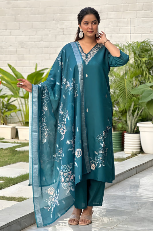 Superb Teal Green Silk Blend Embroidered Straight Cut Salwar Suit with Dupatta