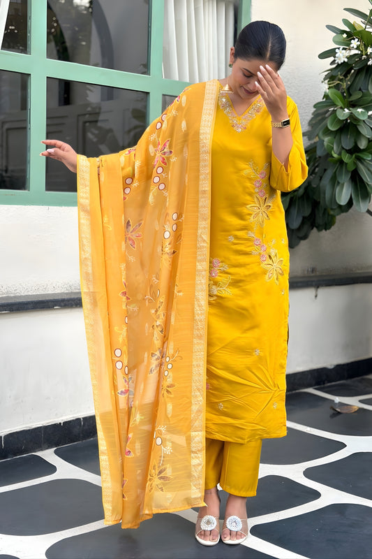 Stunning Mustard Yellow Silk Blend Embroidered Straight Cut Salwar Suit with Dupatta