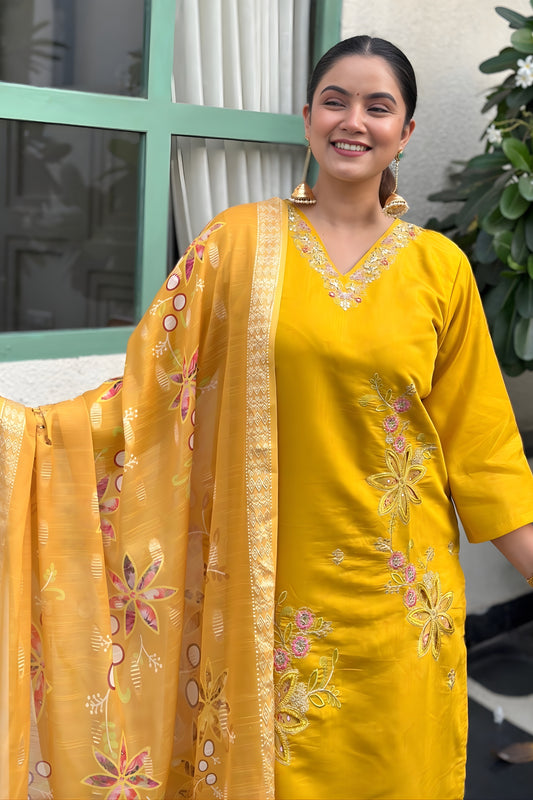 Stunning Mustard Yellow Silk Blend Embroidered Straight Cut Salwar Suit with Dupatta