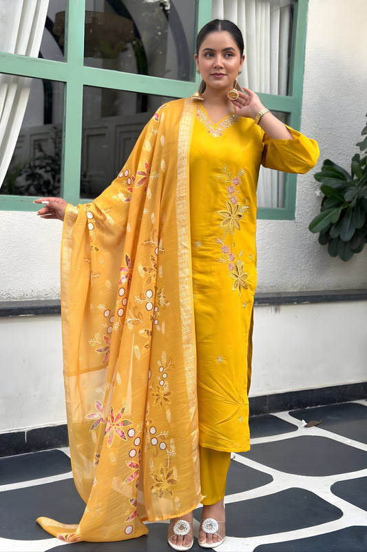 Stunning Mustard Yellow Silk Blend Embroidered Straight Cut Salwar Suit with Dupatta