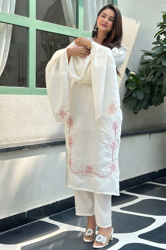 Traditional White Silk Blend Embroidered Straight Cut Salwar Suit with Dupatta