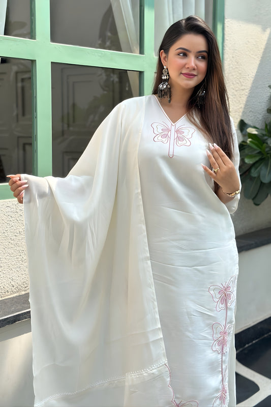 Traditional White Silk Blend Embroidered Straight Cut Salwar Suit with Dupatta