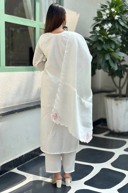 Traditional White Silk Blend Embroidered Straight Cut Salwar Suit with Dupatta