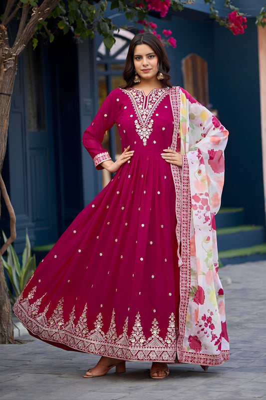 Stylish Magenta Faux Georgette Embroidered Party Wear Anarkali Suit with Floral Dupatta