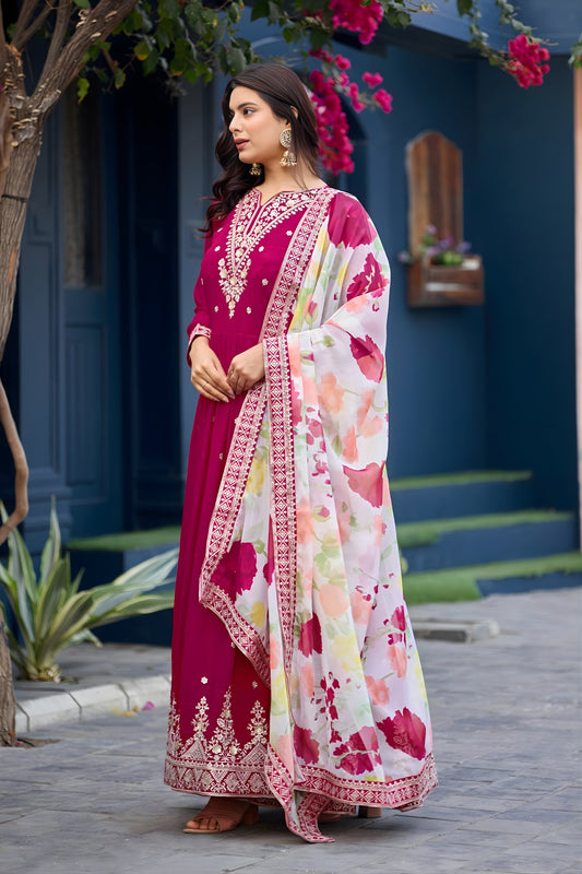 Stylish Magenta Faux Georgette Embroidered Party Wear Anarkali Suit with Floral Dupatta