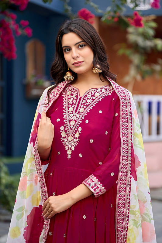 Stylish Magenta Faux Georgette Embroidered Party Wear Anarkali Suit with Floral Dupatta