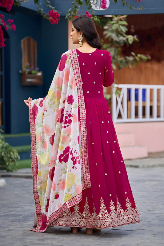 Stylish Magenta Faux Georgette Embroidered Party Wear Anarkali Suit with Floral Dupatta