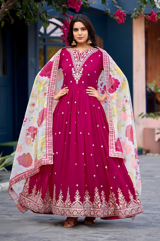 Stylish Magenta Faux Georgette Embroidered Party Wear Anarkali Suit with Floral Dupatta
