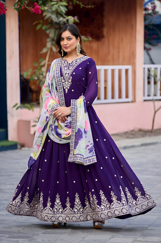 Glorious Purple Faux Georgette Embroidered Party Wear Anarkali Suit with Floral Dupatta