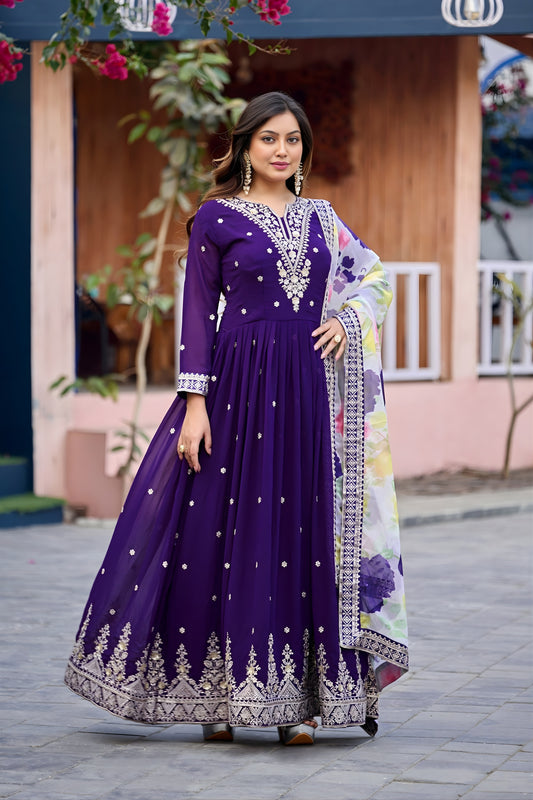 Glorious Purple Faux Georgette Embroidered Party Wear Anarkali Suit with Floral Dupatta