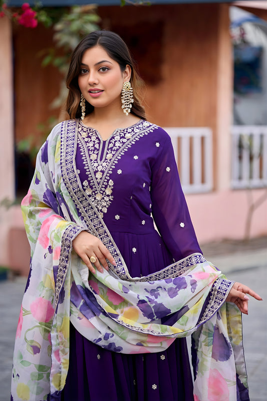 Glorious Purple Faux Georgette Embroidered Party Wear Anarkali Suit with Floral Dupatta