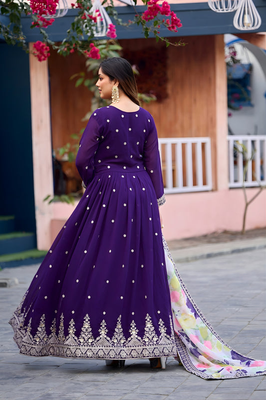 Glorious Purple Faux Georgette Embroidered Party Wear Anarkali Suit with Floral Dupatta
