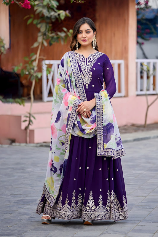 Glorious Purple Faux Georgette Embroidered Party Wear Anarkali Suit with Floral Dupatta