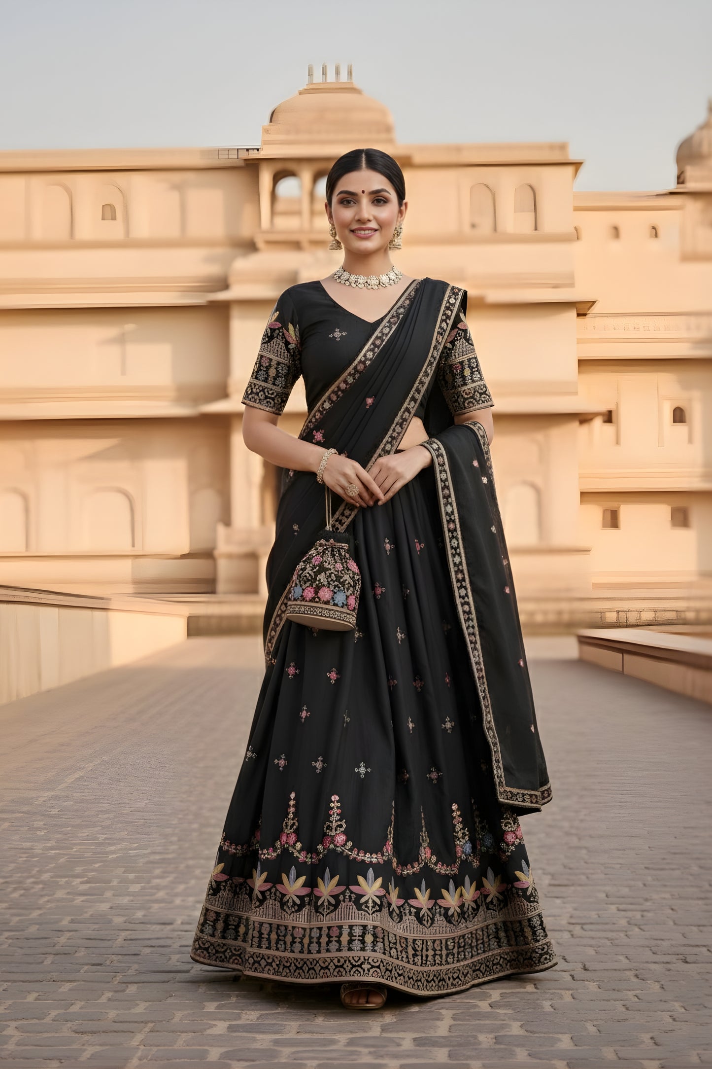 Elegant Black Georgette Embroidered Wedding Lehenga Choli with Dupatta